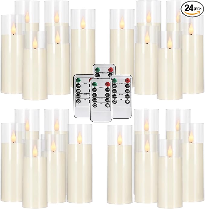 24-Pack Acrylic LED Flameless Pillar Candles with Remote & Timer, Battery Powered - Perfect for Indoor/Outdoor Decor,Wedding,BBQ and Gift - Easily Create a Magical Atmosphere.