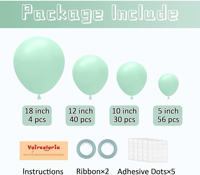 130pcs Mint Green Balloons Different Sizes 18" 12" 10" 5" Pastel Light Green Balloons for Boys Girls Birthday Baby Shower Gender Reveal Wedding Decorations