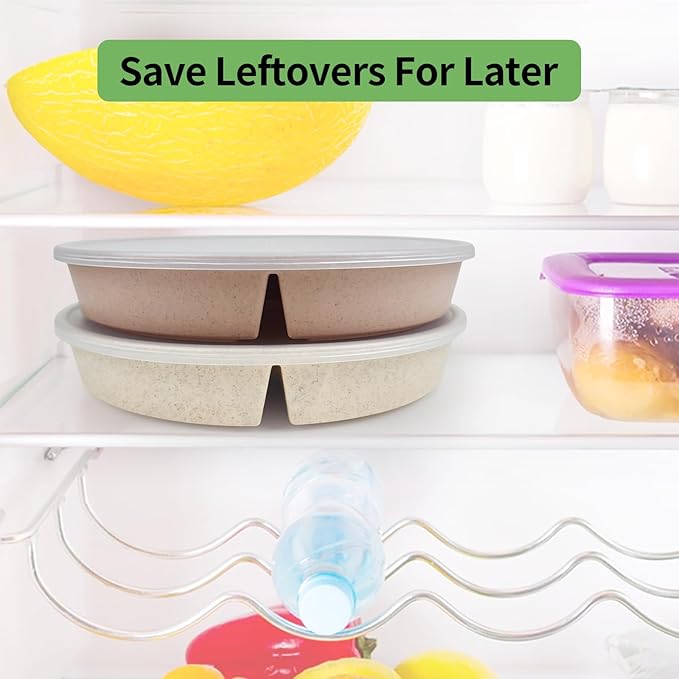 greenandlife 9 Inch 4PCS Portion Control Plates with Lids, Divided Plates for Kids Adults, Dishwasher Microwave Safe Compartment Plate, Unbreakable Lightweight Reusable Wheat Straw Plate, Earth Tone