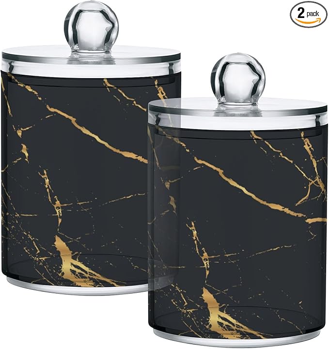 2 Pack Qtip Holder Organizer Dispenser Gold Black Marble Texture Bathroom Storage Canister Cotton Ball Holder Container for Cotton Pads/Swabs/Floss