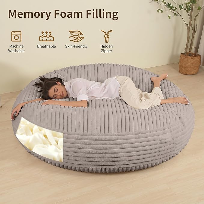 Memory Foam Bean Bag Chair, Bean Bag Bed with Fluffy Removable Cover, for Living Room Bedroom, 6FT Grey