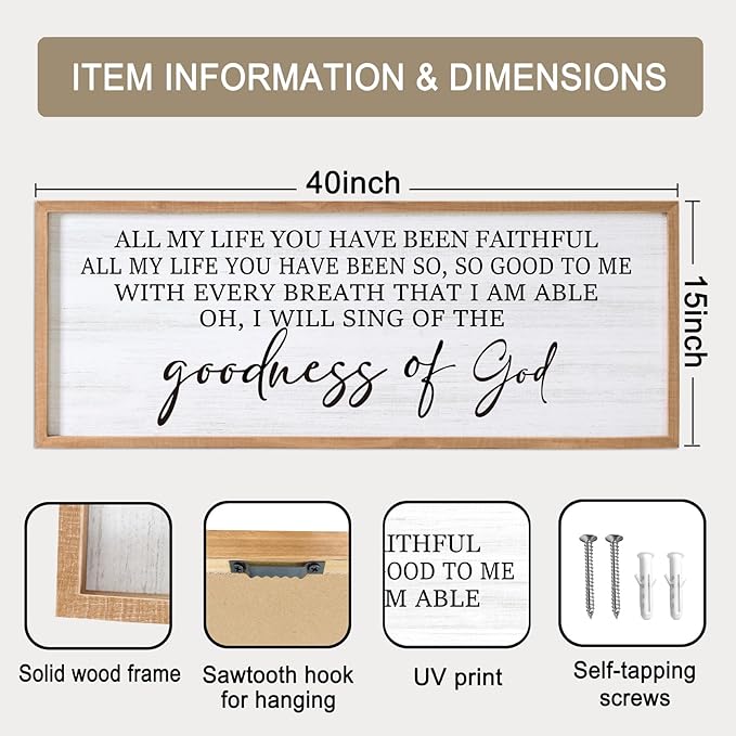 Goodness of God Framed Wall Art, 40''×15'' Positive Religious Natural Bible Verse for Christian God Jesus Christ Prayer, Vintage Rustic Long Holy Catholic Scripture Decor