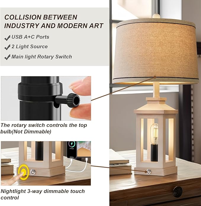 23.75" Retro Farmhouse USB C+A Ports Table Lamp Set of 2 with 3 Way Dimmable Touch Control White Nightlight Vintage Modern Lamp for Living Room Bedroom with 2 Light Sources