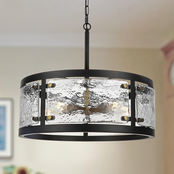 20" Farmhouse Round Black Chandelier, 5-Light Rustic Dining Room Light Fixtures Over Table, Industrial Glass Chandeliers for Dining Kitchen Living Room, Clear Waterglass Drum Shade