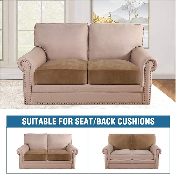 H.VERSAILTEX Velvet Stretch Couch Cushion Cover Plush Cushion Slipcover for Chair Loveseat Sofa Cushion Furniture Protector Seat Cushion Sofa Cover (2 Piece Medium Sofa Cushion Covers, Camel)