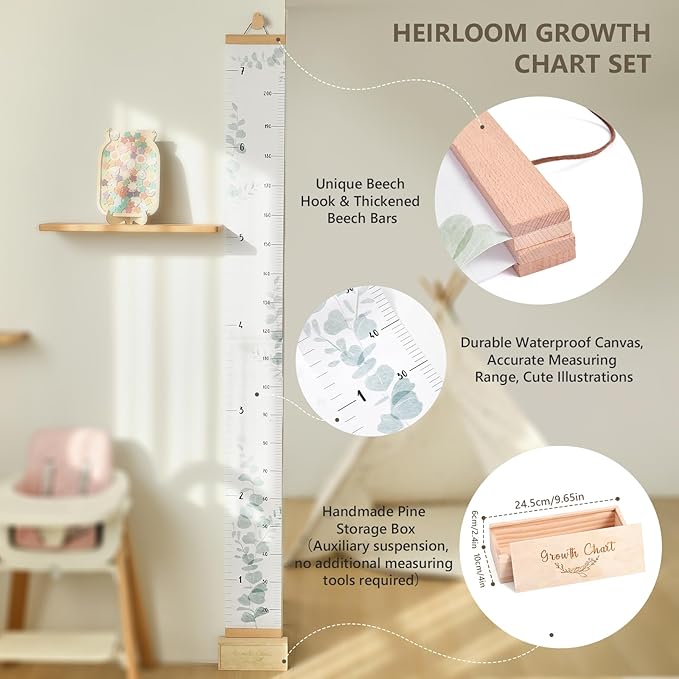 Growth Chart for Wall 7 Ft Height Chart with Keepsake Box & Hook Waterproof Canvas Measure Wall Ruler Removable Neutral Nursery Wall Decor for Baby Kids Toddlers