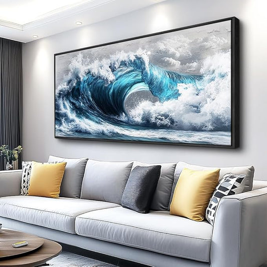 PHAOHUAXM Large Canvas Blue Wave Paintings Wall Art For Living Room Wall Decoration For Bedroom Ocean Wall Pictures Printing Office Decorations Posters Modern Home Decor Black Framed 30x60 In