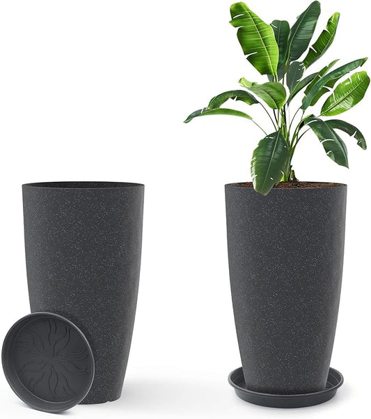 GameXcel Tall Flower Pot Indoor - Outdoor Plant Pot - Black Glossy Planter - Elegant Stone Imitation - 12" Diameter 21" Tall with Drainage Holes and Saucer 2Pack