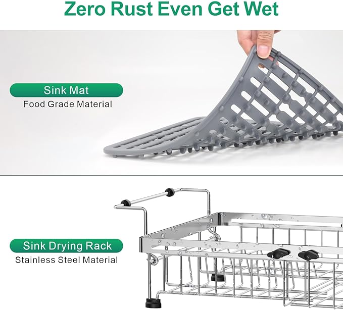 GSlife Expandable Dish Drying Rack - Stainless Steel Capacity Adjustable Over The Sink Rack (10.8''-17.9'') with Sink Mat, Dish Drainer for Kitchen Sink Counter with Utensil Holder, Silver