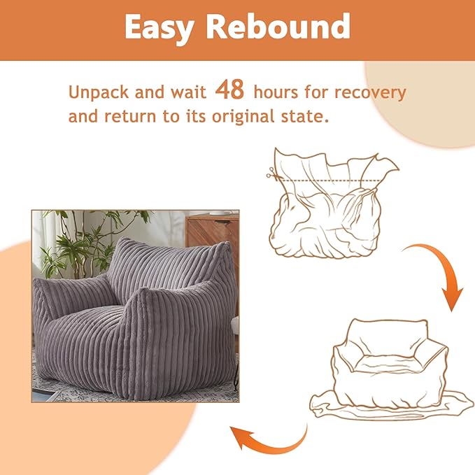 Giant Bean Bag Chairs for Adults with Filling Plush Fluffy Bean Bag Chairs for Teens with Armrests Comfy BeanBag Lazy Couch Sofa Chair for Bedroom Living Room Reading