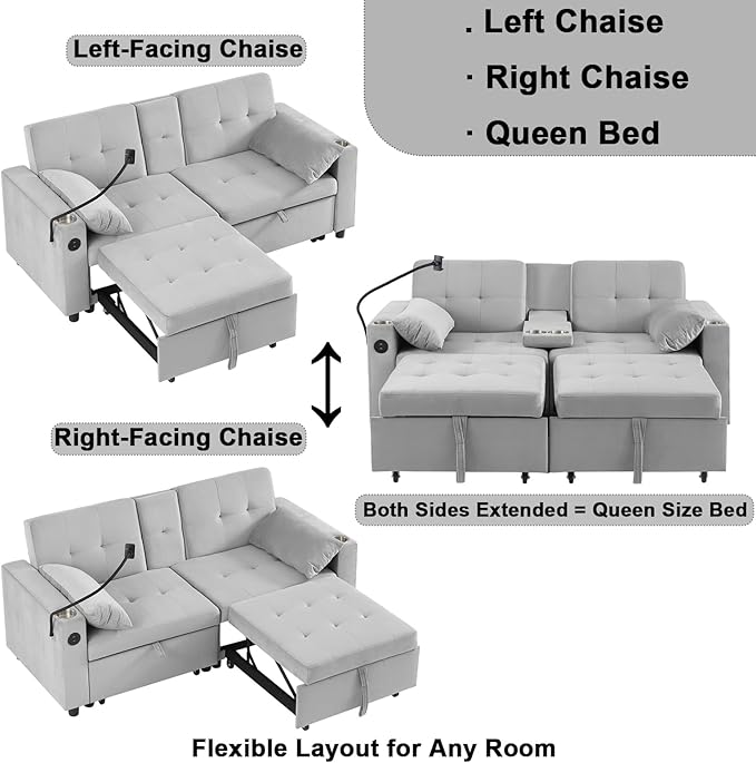 70" Queen Size Sofa Bed for Living Room – Pull-Out Sleeper Sofa Couch with Cup Holder, Phone Holder, USB Charging Port, Solid Wood Frame, Easy Assembly, Space-Saving Design for Small Apartments
