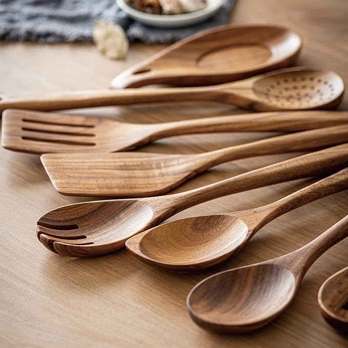 Gudamaye 13 inch Long Wooden Spoons for Cooking,Wooden Utensils for Cooking with Utensils Holder,9 PCES Wooden Kitchen Utensils Set with Utensils Holder and Spoon Rest,Natural Teak Wooden Spoons Set