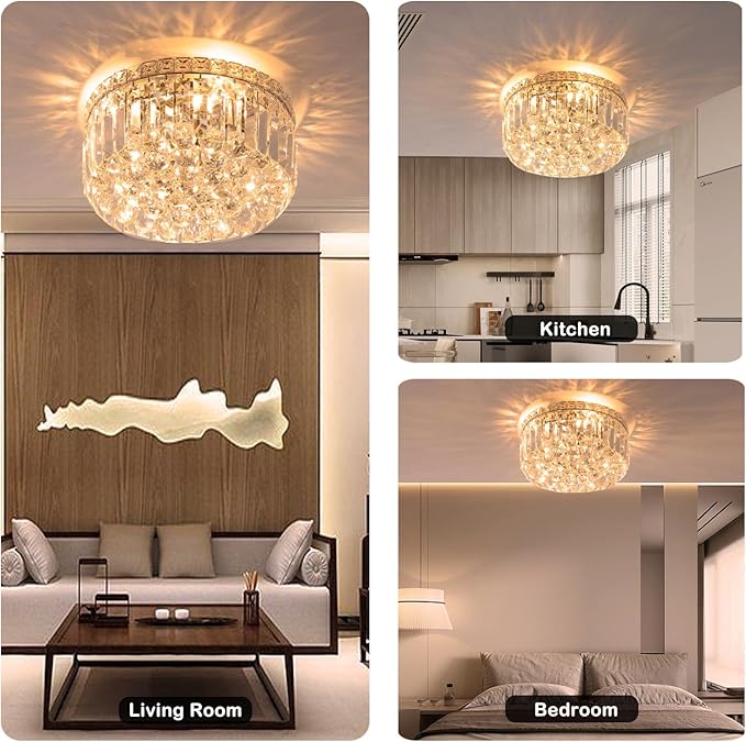4-Light Crystal Flush Mount Chandelier Light Fixture with K9 Crystals Modern Ceiling Lights Elegant Pendant Lamp for Bedroom,Hallway,Bar,Living Room,Dining Room,H5.9 xW13.7(Bulbs Not Included)