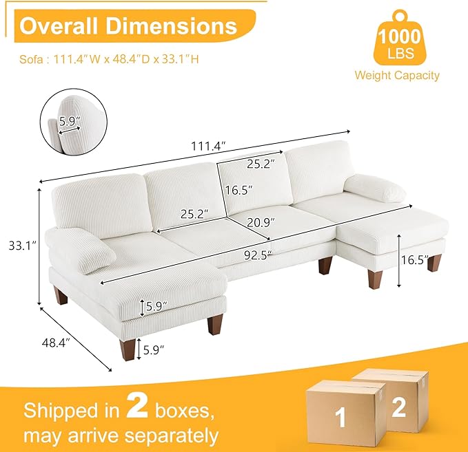 Karl home U-Shape Sectional Sofa Couch 111" Modern 4-Seat Sofa with Chaises Corduroy Fabric Upholstered Covertible Couch with Wood Grain Legs for Living Room, Reception Room, Apartment, Beige