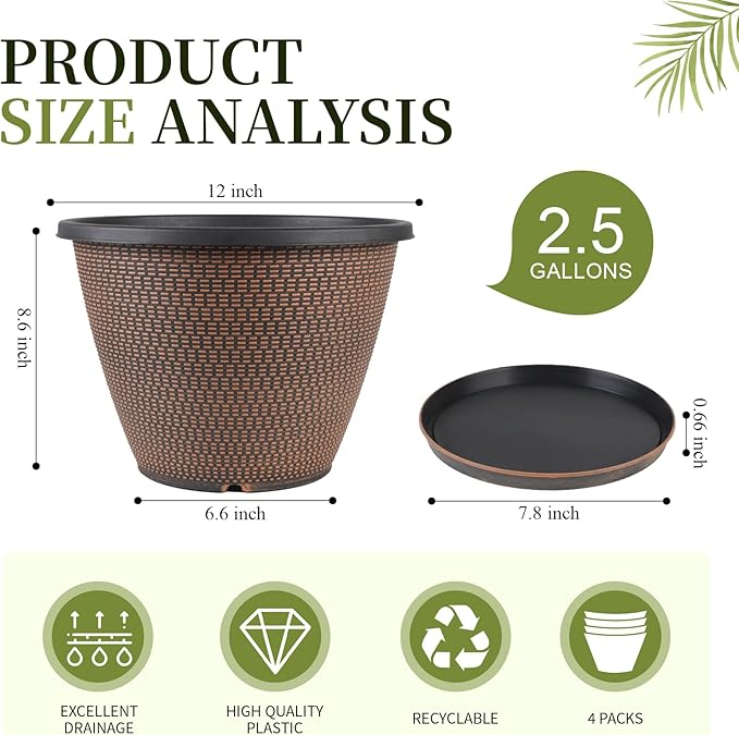 12 inch Pots for Plants, 4 Pack Large Outdoor Planter Pot with Drainage Holes & Saucers, Plastic Flower Pots for Indoor Plants, Decorative Garden Pots for Indoor & Outdoor Plant (Black Copper)