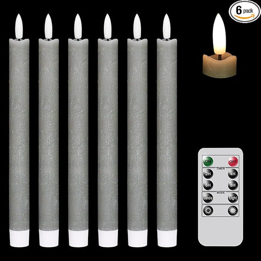 GenSwin Flameless Grey Taper Candles Flickering with 10-Key Remote, Battery Operated Led Warm 3D Wick Light Window Candles Real Wax Pack of 6, Christmas Home Wedding Decor(0.78 X 9.64 Inch)