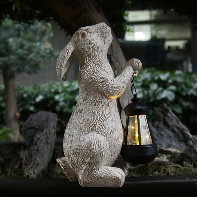 Garden Statues Rabbit with Solar Lights-Bunny Figurine Halloween Decorations Outdoor Rabbit Decor for Lawn,Balcony-Yard Art Garden&Patio Decor,Unique Housewarming&Birthday Gifts for Women Mom