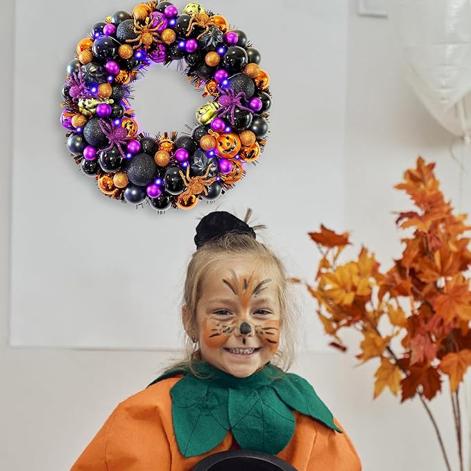 17 Inch Halloween Ball Wreath for Front Door with Lights, Lighted Cute Treat-or-Trick Door Wreath Ball Ornament for Halloween Indoor Decorations Centerpiece Party Holiday Wall Home Decor