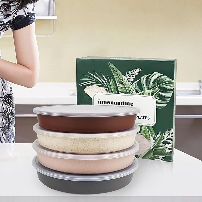 greenandlife 9 Inch 4PCS Portion Control Plates with Lids, Divided Plates for Kids Adults, Dishwasher Microwave Safe Compartment Plate, Unbreakable Lightweight Reusable Wheat Straw Plate, Earth Tone