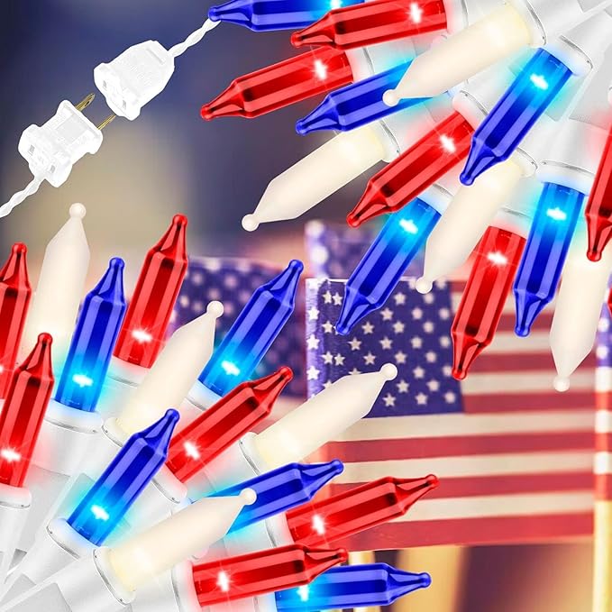 150LIGHTS RED WHITE and BLUE Extra-Bright With End Connectors Christmas Decorative Lights 9.72m UL Certified Mini String Light Set Waterproof for Home Garden Holiday Christmas Tree Party Patio