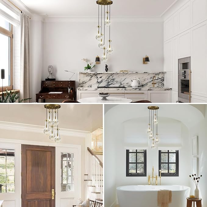 Gold 5 Light Cluster Pendant Lighting, Raindrop Chandeliers Brass Dining Room Lights Fixture, Teardrop Pendant Lights Kitchen Island, Hanging Lamp Ceiling for Entryway Foyer Staircase