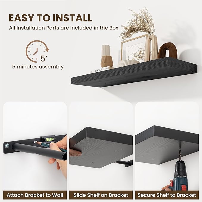 Fun Memories Floating Shelves for Wall, 32 Inch Long Floating Shelves Set of 2, 32 x 10 Wooden Shelves for Wall, Large Storage Shelves, Hanging Shelves for Bathroom Kitchen Bedroom, Black