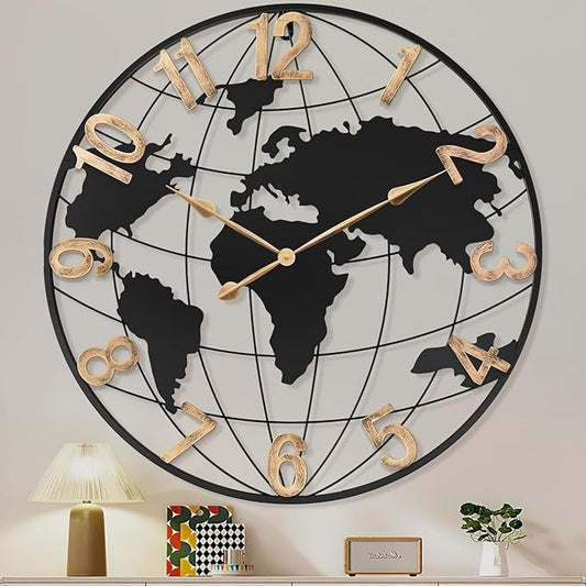 36 Inch Extra Giant Oversized Black Metal Wall Clock,Large Modern Decorative Silent World Map Wall Clock with Vintage Gold Arabic Numeral for Living Room,Entrance Fireplace,Dining Room Decor
