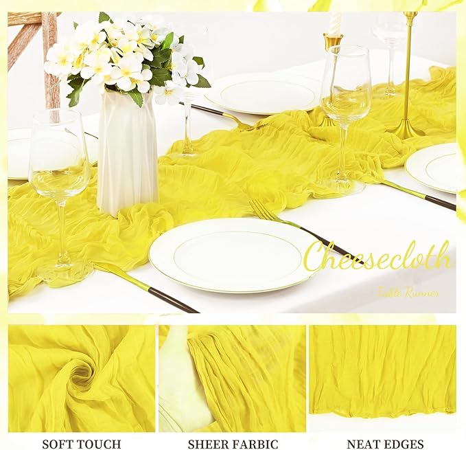 6 Pack Yellow Cheesecloth Table Runner 20 x 120 Inch Long Rustic Gauze Cheese Cloth Table Runner for Wedding 10FT Bridal Baby Shower Table Decorations Boho Fabric Sheer Birthday Party Table Decor