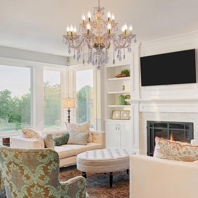 15 Light Crystal Chandelier Double Layer Flush Mount Ceiling Light Fixture with K9 Crystals for Living Room Dining Room Bedroom Luxury Hanging Lamp Lighting Fixtures