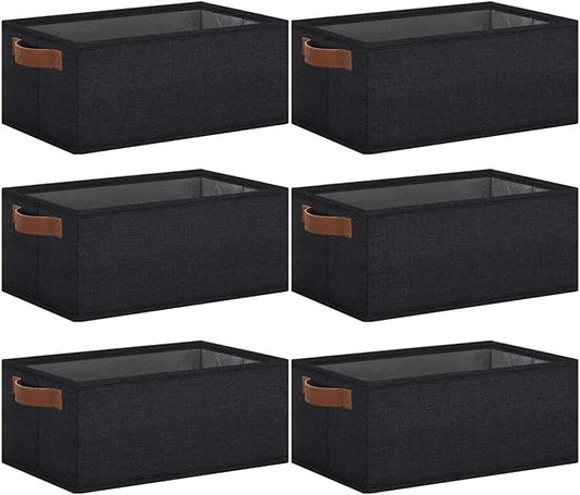 GhvyenntteS Small Fabric Storage Bins 6 Pack, 11.8" x 7.87" x 5.11" Storage Basket with Leather Handles, Closet Storage Bins for Shelves, Storage Baskets for Shelves, DVD Storage (Black)