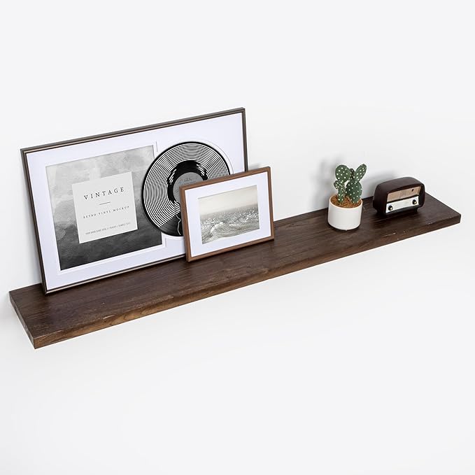 Fun Memories Floating Shelves for Wall, 55"x9.3" Rustic Solid Elm Wood Shelves, Heavy-Duty Wall Mounted Shelves with Invisible Brackets for Living Room, Bedroom, Kitchen, Walnut Finish