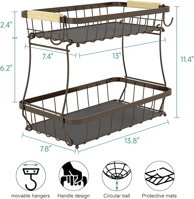 2 Tier Fruit Basket for Kitchen Counter with 2 Banana Hangers, 2025 Pro Detachable Metal Fruit Bowl with Wooden Handle,Fruit Holder for Bread Snack Veggies, Brown