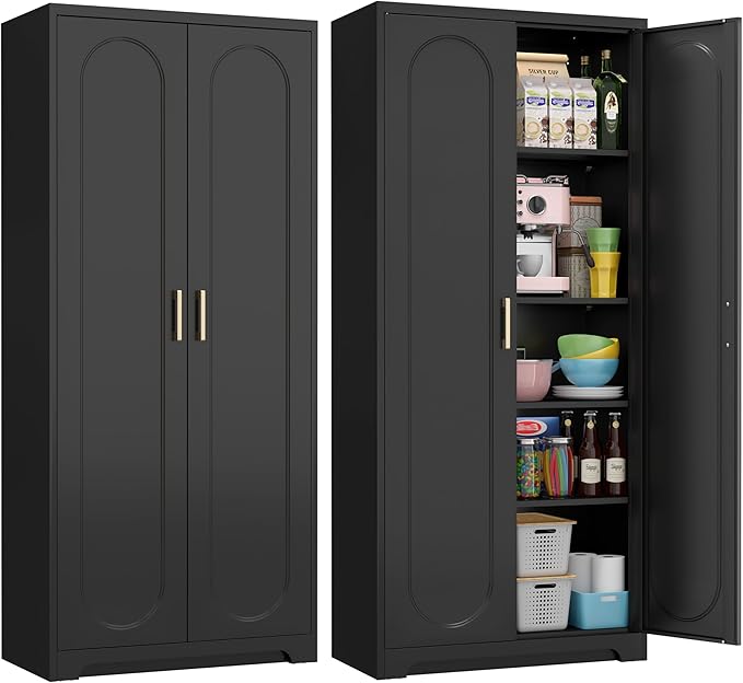 71" Tall Metal Pantry Cabinet with 4 Adjustable Shelves and Gold Handles Heavy-Duty Steel Storage for Kitchen, Dining Room or Office