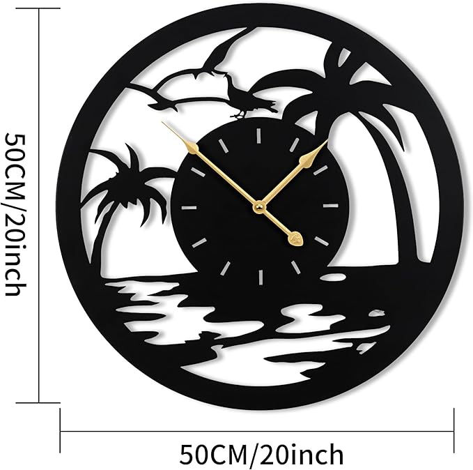 20inches/50cm Wall Clocks Palm Tree Battery Powered No Ticking Silent Round Black Modern Unique Metal Wall Clocks Suitable Living Room Kitchen Bedroom Fireplace Office Farmhouse。