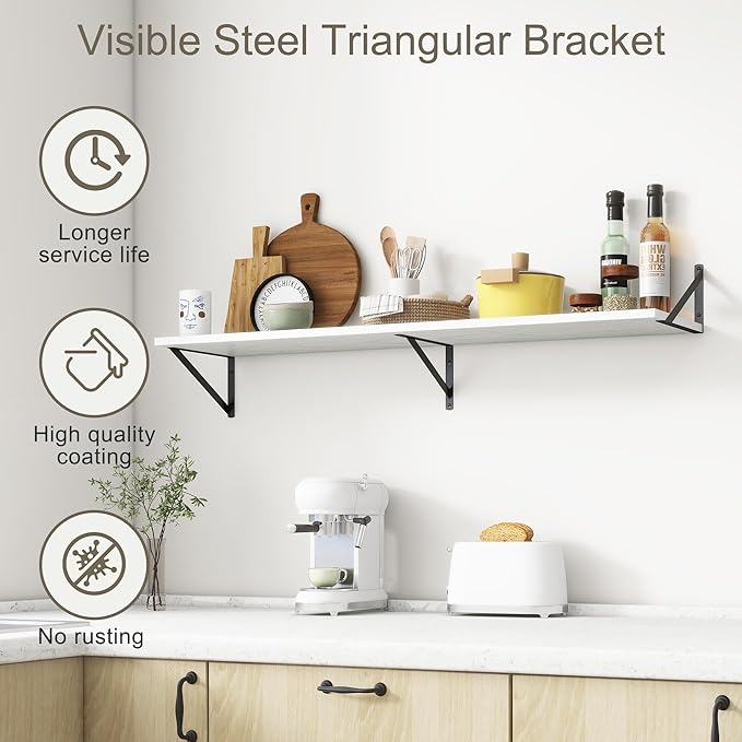 12 Inch Deep Floating Shelves, White Floating Shelves 48W x 12D, Deep Wall Shelves Bracket Set of 2, Large Display Hanging Floating Shelf for Bathroom, Living Room, Wide Storage Wooden Wall Shelf