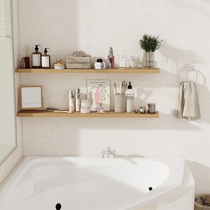 Fun Memories 48 Inch Floating Shelves for Wall, Set of 2 – Rustic Wood Wall-Mounted Shelves with Invisible Brackets for Bedroom, Bathroom, Kitchen – Storage, Books, or Decor, Oak