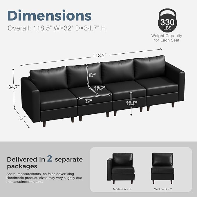 118.5" Faux Leather Modular Sectional Sofa with Storage Seat, Oversized 4 Seater Couch Deep Seat with Removable Cover Black