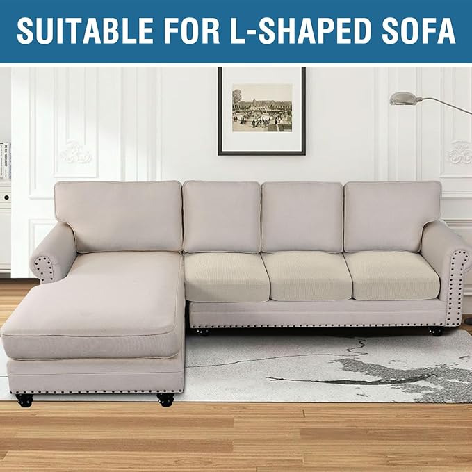 H.VERSAILTEX Super Stretch Individual Seat Cushion Cover Sofa Covers Couch Cushion Covers Slipcover Sets Thick Jacquard Textured Twill Fabric (3 Piece Sofa Cushion Covers, Natural)