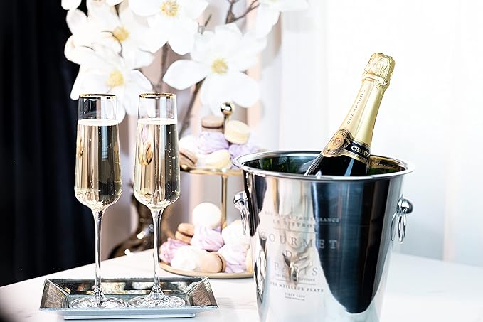 Gold Rim Champagne Gift Glasses | Set of 2 | Crystal Square Toasting Flutes for Bride and Groom, Wedding, Anniversary, Birthday | Elegant Long Stemmed Glassware for Sparkling Wine, Prosecco