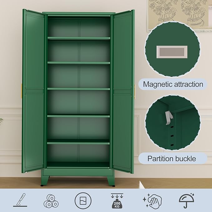 Green Metal Storage Cabinet,75" Steel Cabinets for Home Office, Kitchen Pantry Storage Cabinet with Doors and 5 Adjustable Shelves, Tool Cabinets, for Office, Home, Garage, School