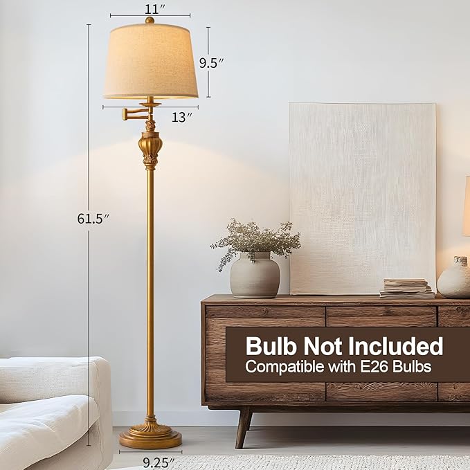 61" Vintage Floor Lamp with 350° Adjustable Swing Arm, Gold Standing Lamp for Bedroom Living Room Nightstand Bedside Retro Farmhouse Mid Century Lamp Light Home Décor Office Gifts