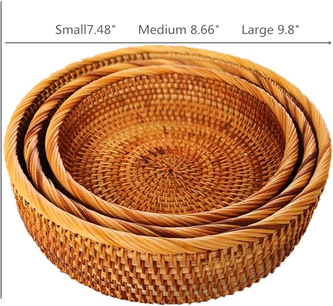 Hadewoven Round Rattan Fruit Basket Wicker Food Tray Weaving Storage Holder Dinning Room Bowl, 10 Inch Woven Bread Basket Key Bowls with 4”Wall for Table, Countertop (Large 9.8")