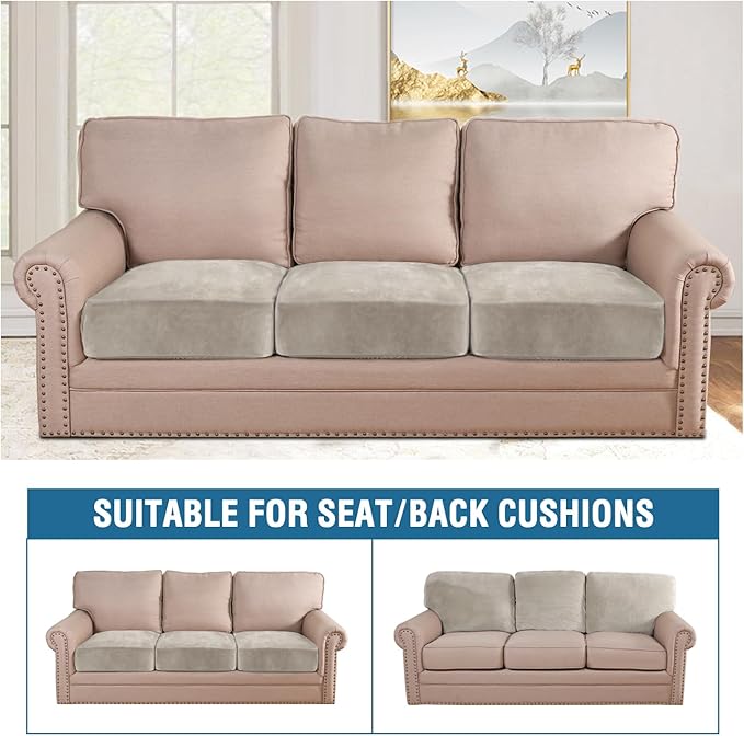 H.VERSAILTEX Velvet Stretch Couch Cushion Cover Plush Cushion Slipcover for Chair Loveseat Sofa Cushion Furniture Protector Seat Cushion Sofa Cover (3 Piece Sofa Cushion Covers, Oatmeal)