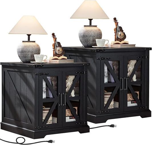 24" End Table Set of 2 with Charging Station, Farmhouse Night Stand with Glass Barn Door, Nightstands with Adjustable Storage Shelf, Large Wood Square Bed Side Table for Living Room,Bedroom