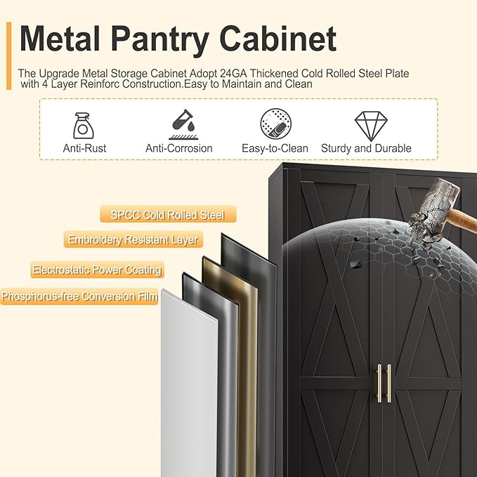 71" H Metal Kitchen Pantry Storage Cabinet, Freestanding Cupboard with 2 Doors and 4 Adjustable Shelves, Standing Storage for Kitchen, Bathroom, Garage, Dinning Room or Utility Room（Black）