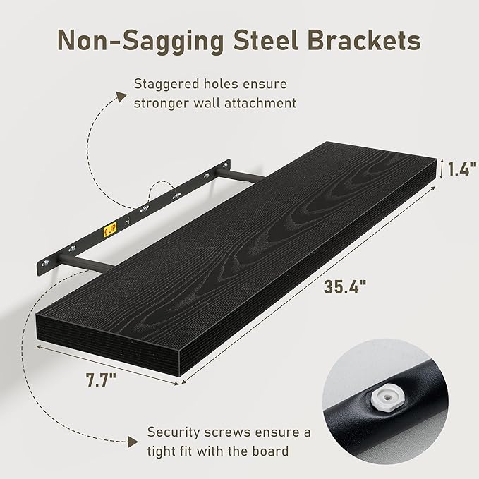 Fun Memories Black Floating Shelves 36 Inch Long, Rustic Farmhouse Bathroom Shelves Over Toliet, 36 x 8 Inch Floating Shelves for Wall, Deep Wall Shelf for Living Room, Kitchen, Bedroom, Set of 2