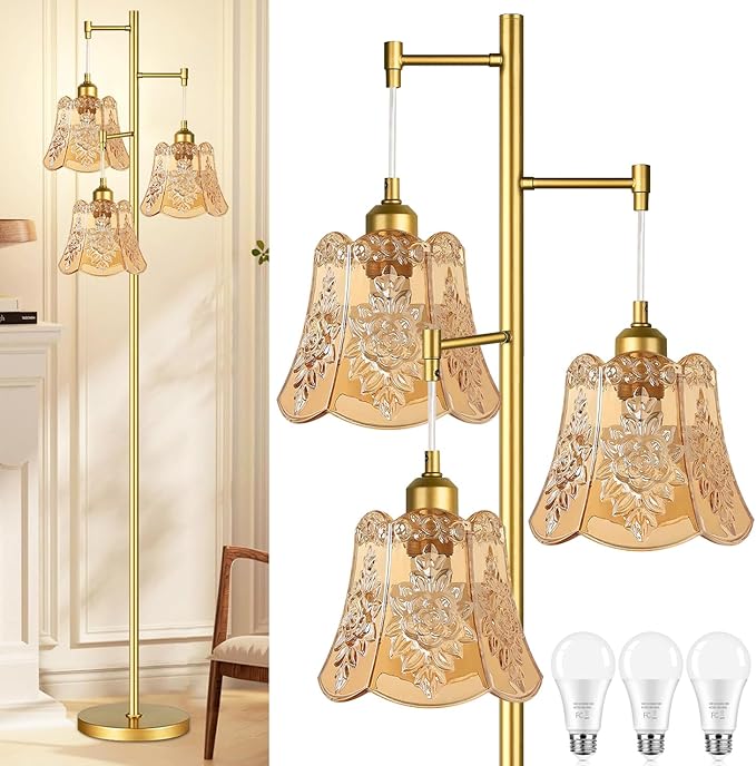 Gold Floor Lamp for Living Room,Bedroom,Tree 3 Light Standing Lamp Mid Century Modern Brass Tall Floor Lamps Vintage Retro Floor Lights Glass Green Flower Lamp Shade Farmhouse Boho Bohemian