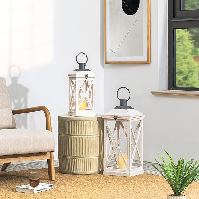 Glitzhome Mondern Farmhouse Wooden Lantern Hanging Decorative Candle Lantern for Outdoor & Indoor Wash White Set of 2 (No Glass)