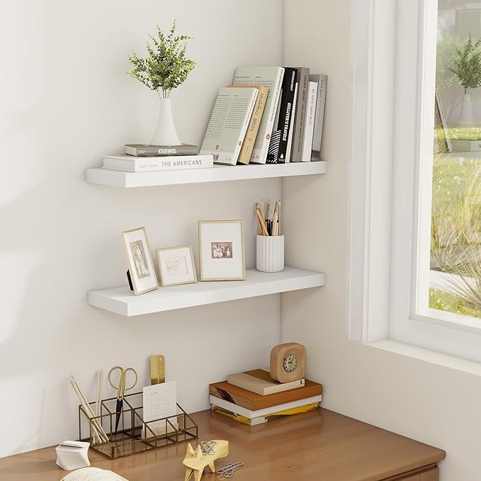 Fun Memories Floating Shelves for Wall, 22.5" Rustic Wood Deep Wall Mounted Shelves with Invisible Brackets for Decor & Storage, Floating Shelf for Living Room, Bathroom (White, Set of 2)