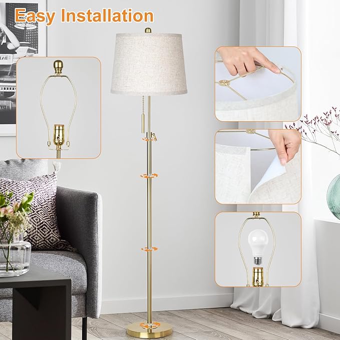 Gold Floor Lamp for Living Room 55-65" Adjustable Modern Brass Standing Lamp with Pull Chain Tall Pole Light with Beige Shade for Bedroom Reading Office Corner Nursery 9W LED Bulb Included 3 ColorTemp
